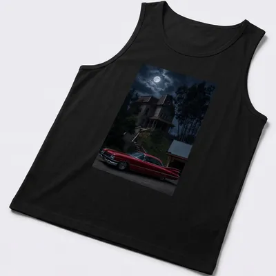 Illustration of a 1959 Coupe with a moody backdrop in red and black tones — printed on a tank top