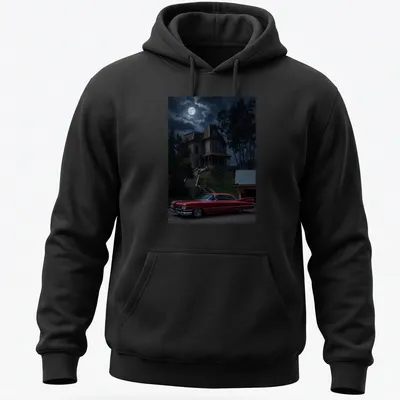 Illustration of a 1959 Coupe with a moody backdrop in red and black tones — printed on a unisex hoodie