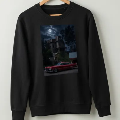 Illustration of a 1959 Coupe with a moody backdrop in red and black tones — printed on a unisex sweatshirt