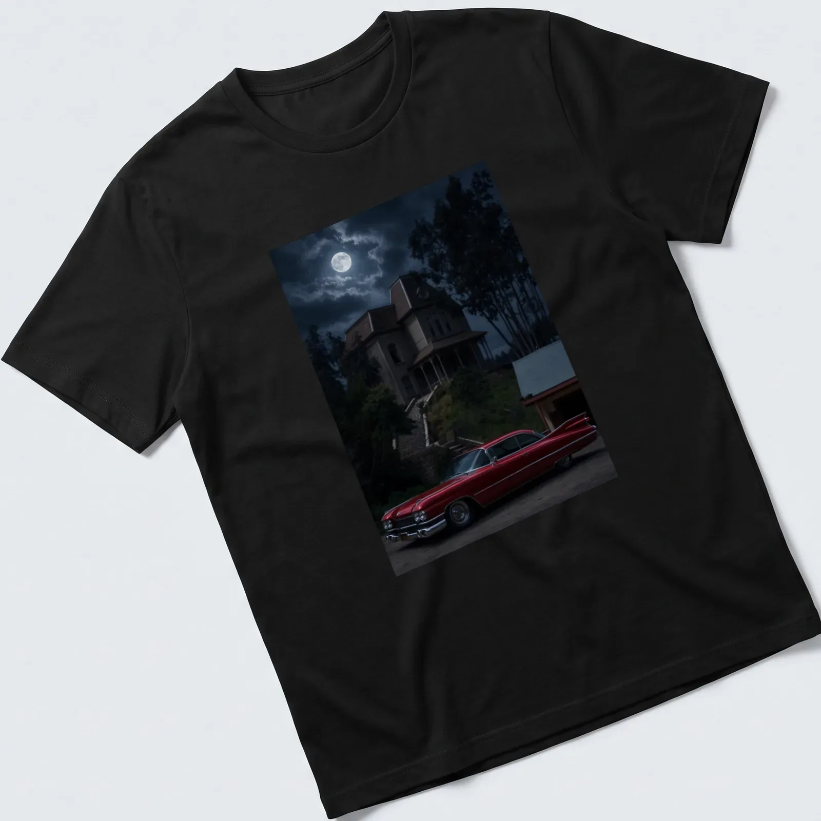 Illustration of a 1959 Coupe with a moody backdrop in red and black tones — printed on a unisex t-shirt