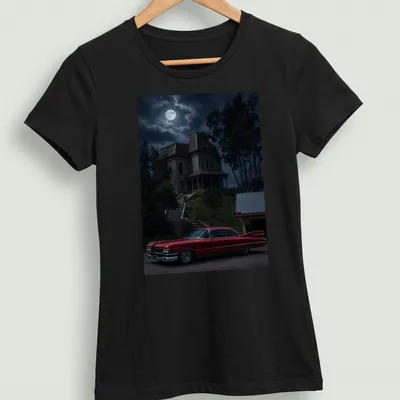 Illustration of a 1959 Coupe with a moody backdrop in red and black tones — printed on a women's shirt