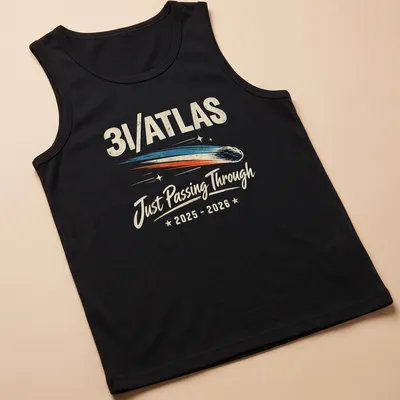 Retro distressed t-shirt featuring the phrase Just Passing Through in cream, blue, orange, and black. — printed on a tank top