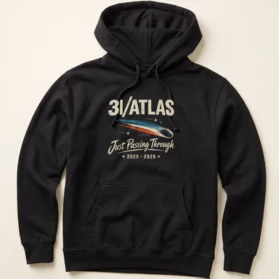 Retro distressed t-shirt featuring the phrase Just Passing Through in cream, blue, orange, and black. — printed on a unisex hoodie