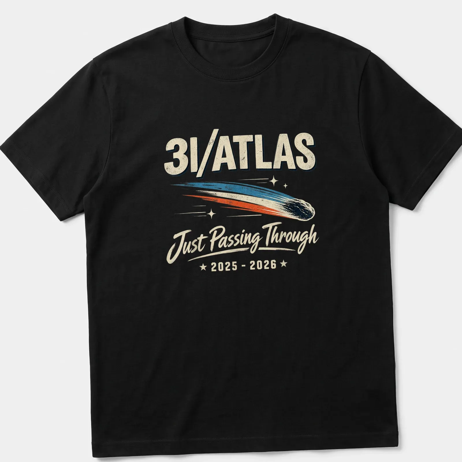 Retro distressed t-shirt featuring the phrase Just Passing Through in cream, blue, orange, and black. — printed on a unisex t-shirt