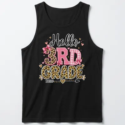 Colorful Hello 3Rd Grade t-shirt with playful typography and leopard print — printed on a tank top