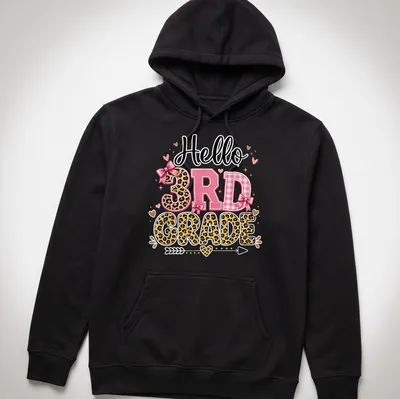 Colorful Hello 3Rd Grade t-shirt with playful typography and leopard print — printed on a unisex hoodie