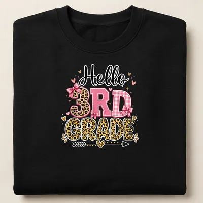 Colorful Hello 3Rd Grade t-shirt with playful typography and leopard print — printed on a unisex sweatshirt