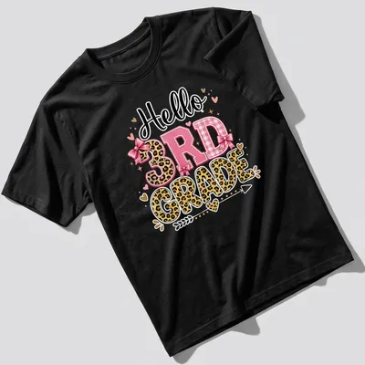Colorful Hello 3Rd Grade t-shirt with playful typography and leopard print