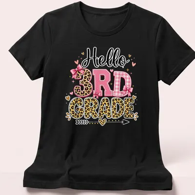 Colorful Hello 3Rd Grade t-shirt with playful typography and leopard print — printed on a women's shirt