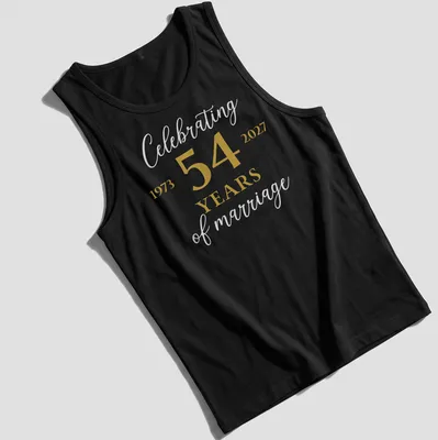 Elegant shirt celebrating 54 years of marriage with gold and white lettering. — printed on a tank top