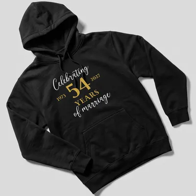Elegant shirt celebrating 54 years of marriage with gold and white lettering. — printed on a unisex hoodie