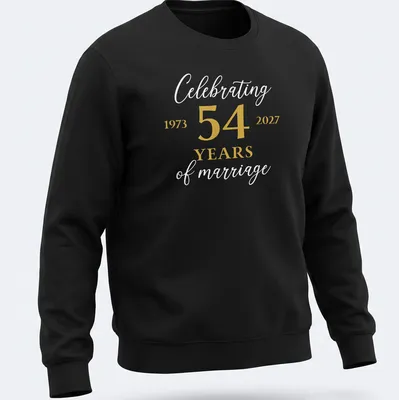 Elegant shirt celebrating 54 years of marriage with gold and white lettering. — printed on a unisex sweatshirt
