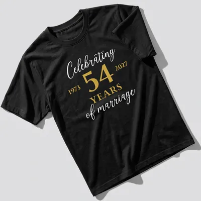 Elegant shirt celebrating 54 years of marriage with gold and white lettering.