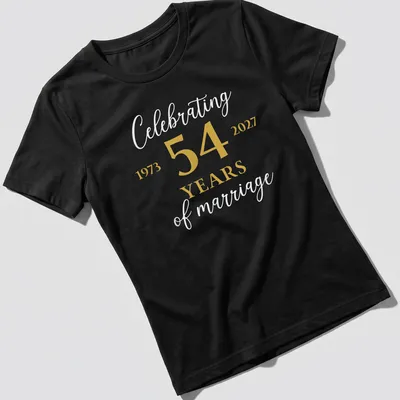 Elegant shirt celebrating 54 years of marriage with gold and white lettering. — printed on a women's shirt