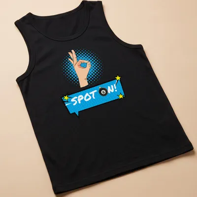 Comic pop art shirt featuring an 8 ball with an 'OK' hand gesture and text 'SPOT ON!' — printed on a tank top
