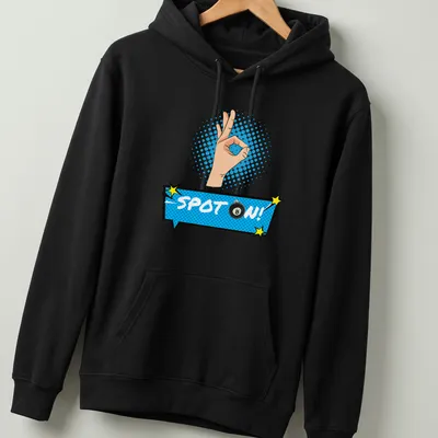 Comic pop art shirt featuring an 8 ball with an 'OK' hand gesture and text 'SPOT ON!' — printed on a unisex hoodie