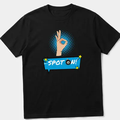 Comic pop art shirt featuring an 8 ball with an 'OK' hand gesture and text 'SPOT ON!'