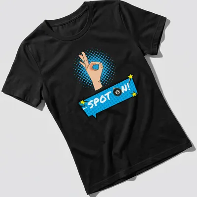 Comic pop art shirt featuring an 8 ball with an 'OK' hand gesture and text 'SPOT ON!' — printed on a women's shirt
