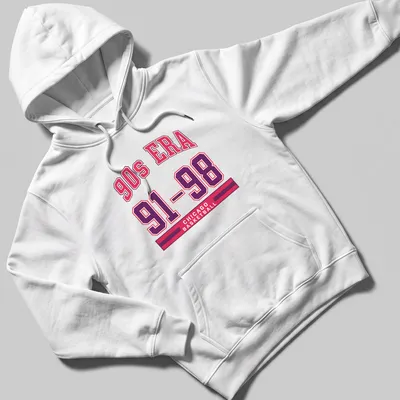 Vintage Chicago basketball t-shirt with bold text from the 90s era — printed on a unisex hoodie