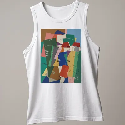 Art Deco style t-shirt featuring colorful geometric houses in a mix of vibrant colors — printed on a tank top