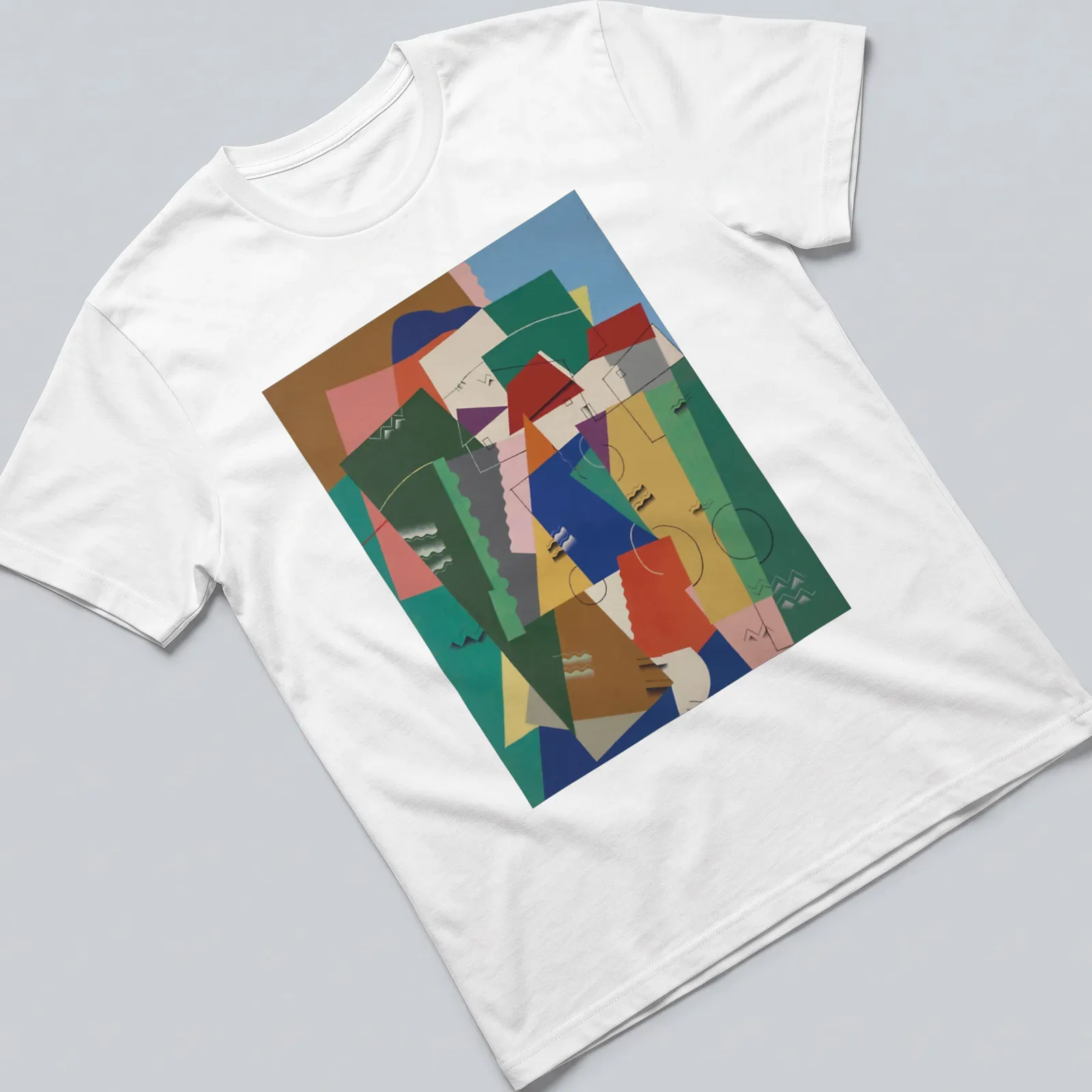 Art Deco style t-shirt featuring colorful geometric houses in a mix of vibrant colors — printed on a unisex t-shirt