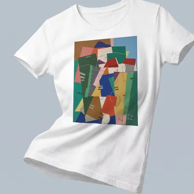 Art Deco style t-shirt featuring colorful geometric houses in a mix of vibrant colors — printed on a women's shirt