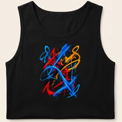 Vibrant abstract urban strokes in blue, red, black, yellow, and orange. — printed on a tank top