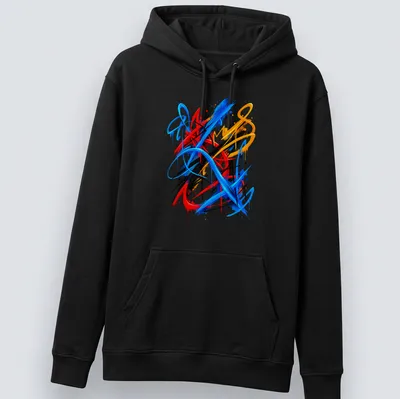 Vibrant abstract urban strokes in blue, red, black, yellow, and orange. — printed on a unisex hoodie