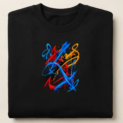 Vibrant abstract urban strokes in blue, red, black, yellow, and orange. — printed on a unisex sweatshirt