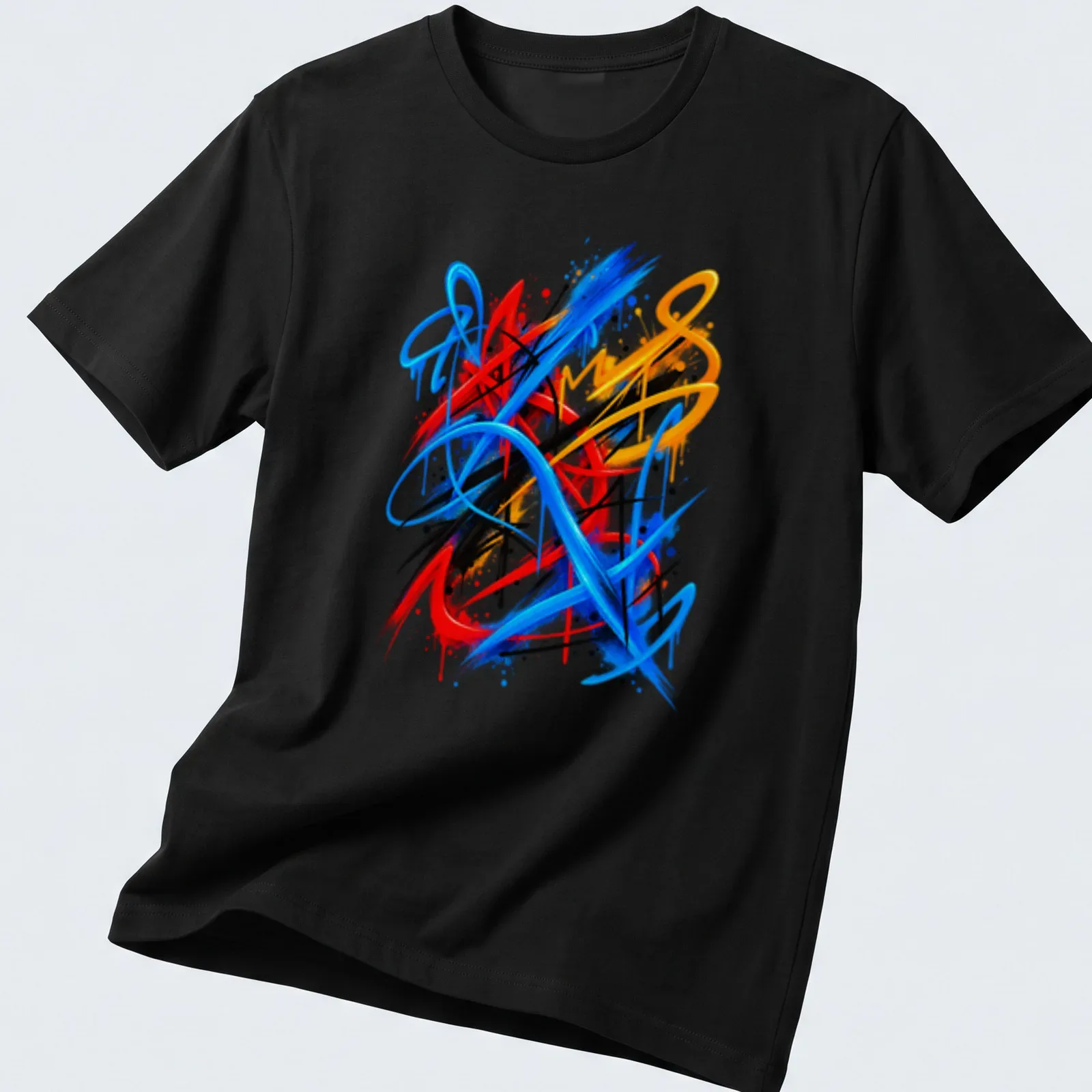 Vibrant abstract urban strokes in blue, red, black, yellow, and orange. — printed on a unisex t-shirt