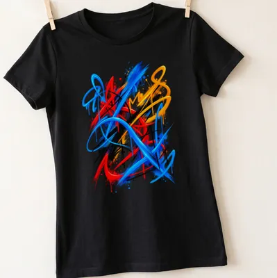 Vibrant abstract urban strokes in blue, red, black, yellow, and orange. — printed on a women's shirt