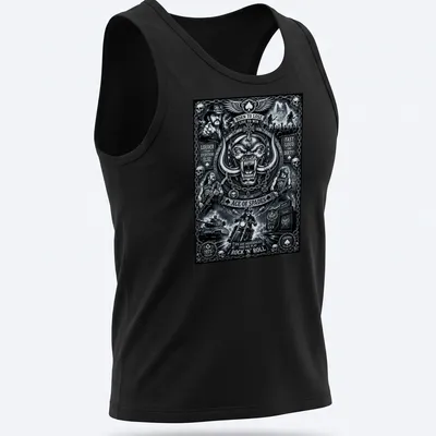 Monochrome graphic tee featuring Lemmy Kilmister and iconic rock lyrics in bold text — printed on a tank top