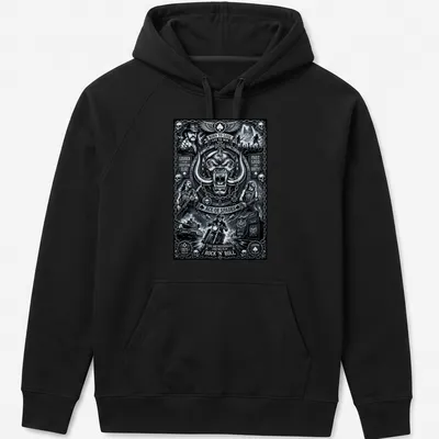 Monochrome graphic tee featuring Lemmy Kilmister and iconic rock lyrics in bold text — printed on a unisex hoodie