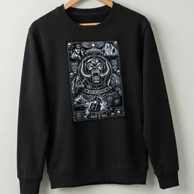 Monochrome graphic tee featuring Lemmy Kilmister and iconic rock lyrics in bold text — printed on a unisex sweatshirt