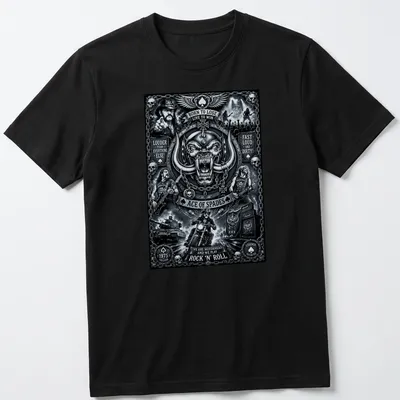 Monochrome graphic tee featuring Lemmy Kilmister and iconic rock lyrics in bold text