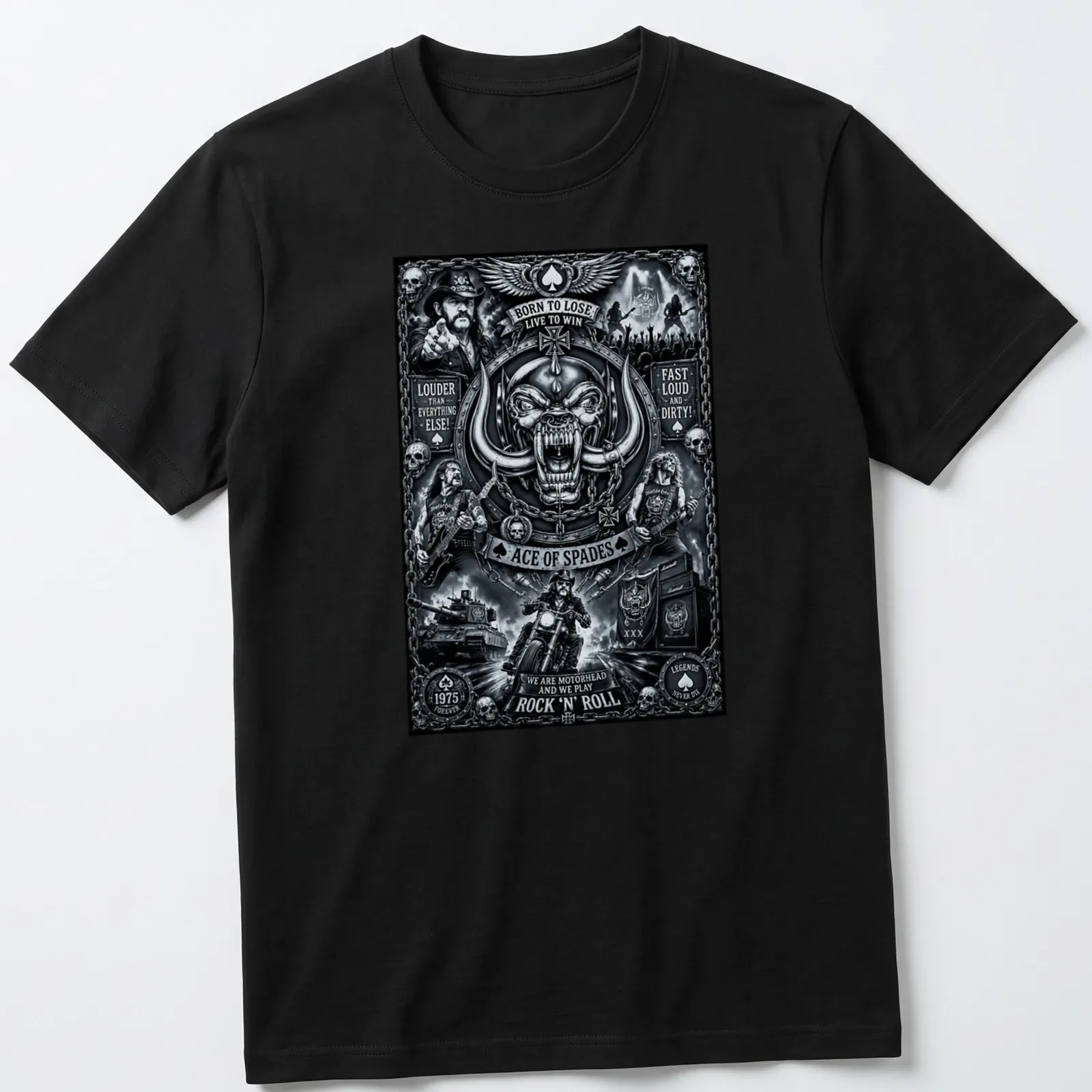 Monochrome graphic tee featuring Lemmy Kilmister and iconic rock lyrics in bold text — printed on a unisex t-shirt