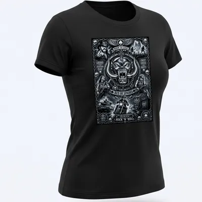 Monochrome graphic tee featuring Lemmy Kilmister and iconic rock lyrics in bold text — printed on a women's shirt