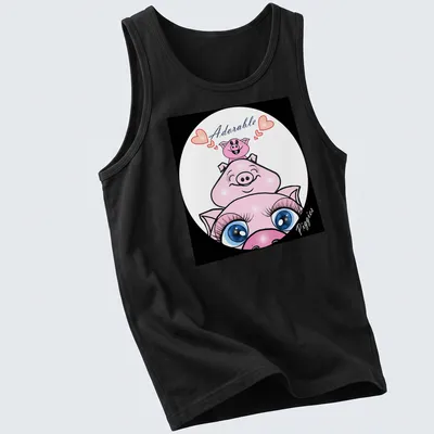 Cute cartoon design of adorable piggies with playful text — printed on a tank top