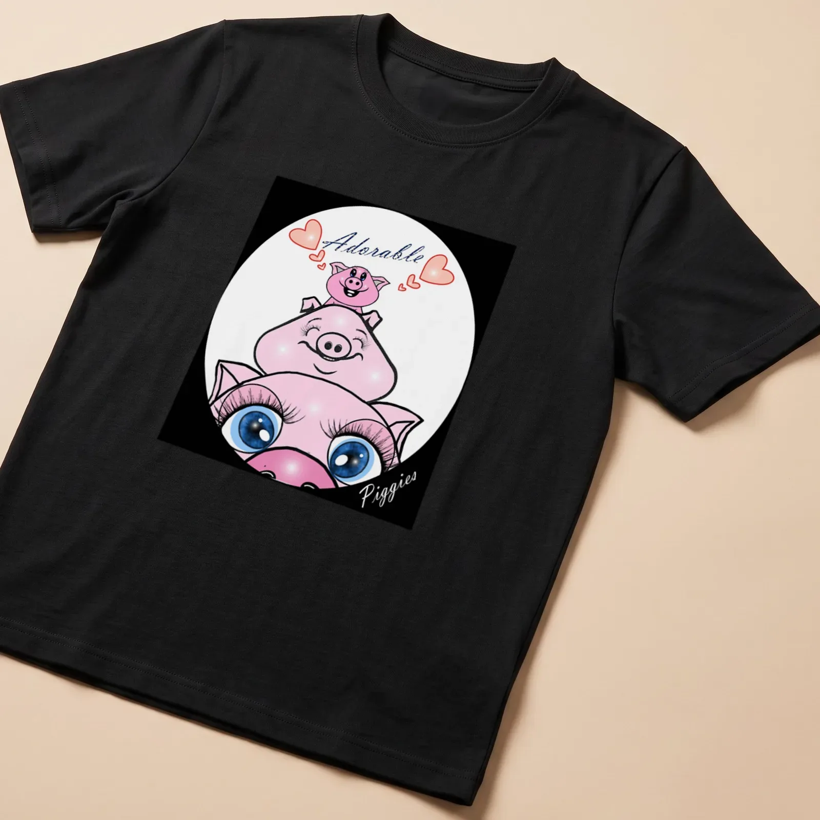 Cute cartoon design of adorable piggies with playful text — printed on a unisex t-shirt
