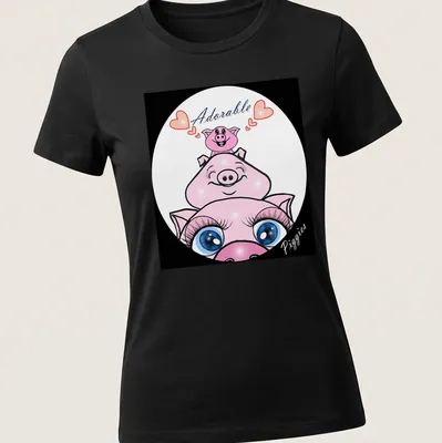 Cute cartoon design of adorable piggies with playful text — printed on a women's shirt