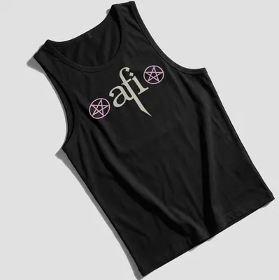 Minimalist AFI logo T-shirt with pentagram symbols and the text The Hollow Light Within — printed on a tank top