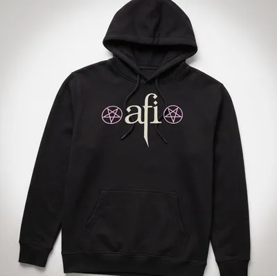 Minimalist AFI logo T-shirt with pentagram symbols and the text The Hollow Light Within — printed on a unisex hoodie