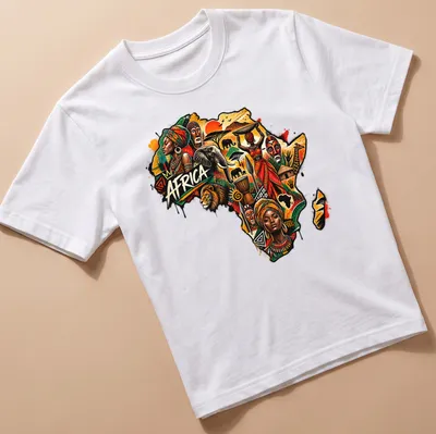 Tribal art t-shirt featuring Africa in vibrant colors and cultural motifs