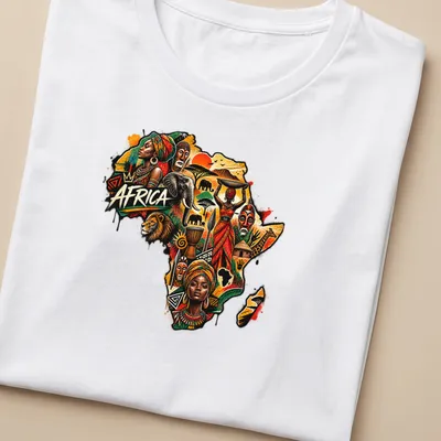 Tribal art t-shirt featuring Africa in vibrant colors and cultural motifs — printed on a women's shirt
