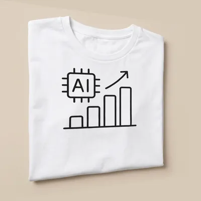 Line icon of an AI chip with a growth chart and text AI Machine Learning Growth — printed on a unisex t-shirt (angled view)