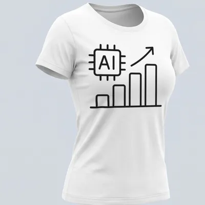 Line icon of an AI chip with a growth chart and text AI Machine Learning Growth — printed on a women's shirt