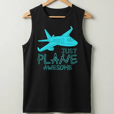 Cartoon airplane design with the phrase Just Plane Awesome in light blue and turquoise — printed on a tank top