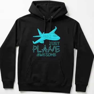 Cartoon airplane design with the phrase Just Plane Awesome in light blue and turquoise — printed on a unisex hoodie
