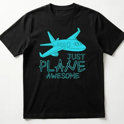 Cartoon airplane design with the phrase Just Plane Awesome in light blue and turquoise