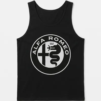 Black and white Alfa Romeo emblem t-shirt design with logo text — printed on a tank top